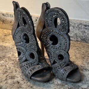 Gianni Bini Merilee silver metallic rhinestone stiletto heel open-toe shooties